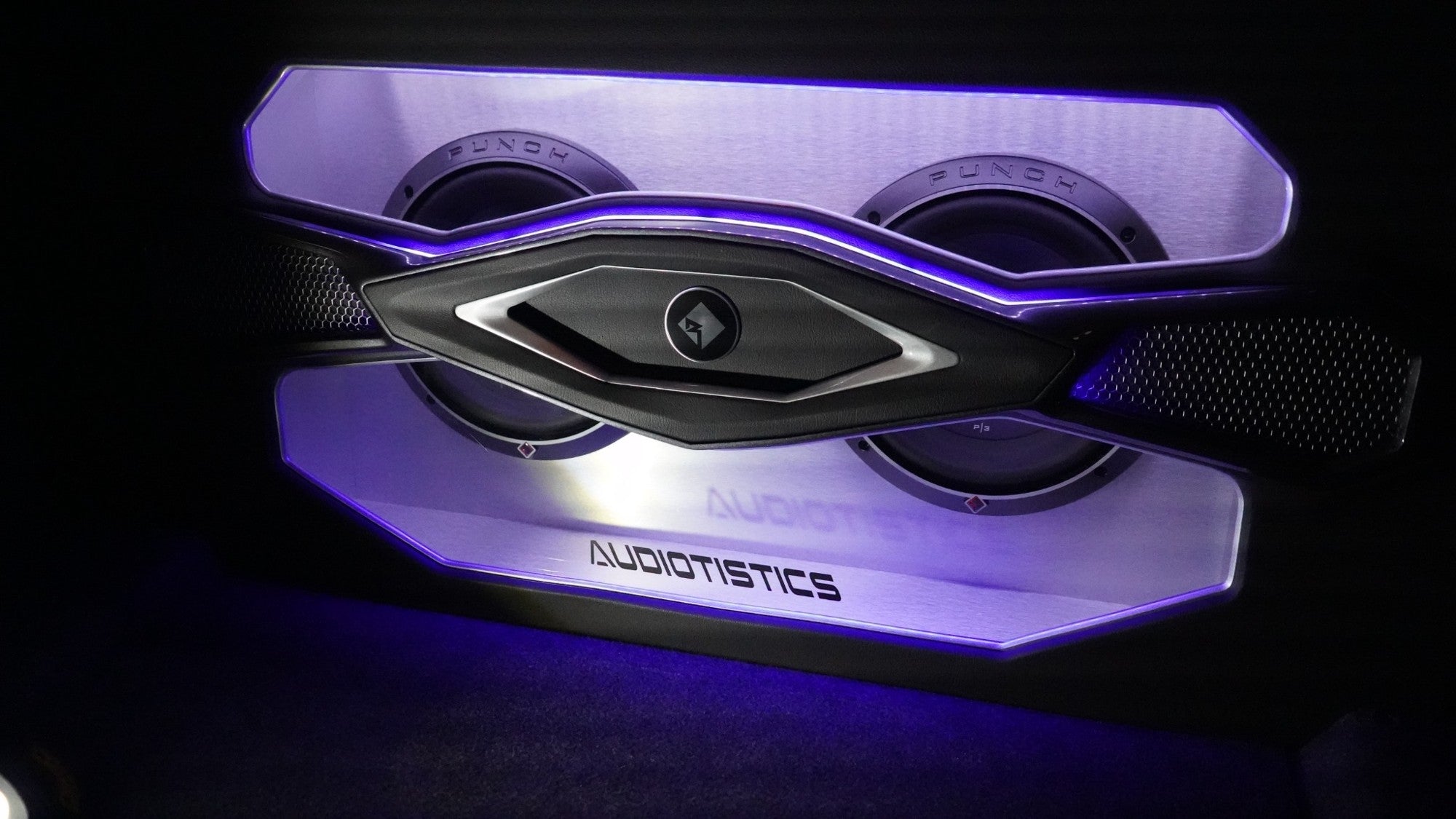 Purple illuminated custom speaker panel